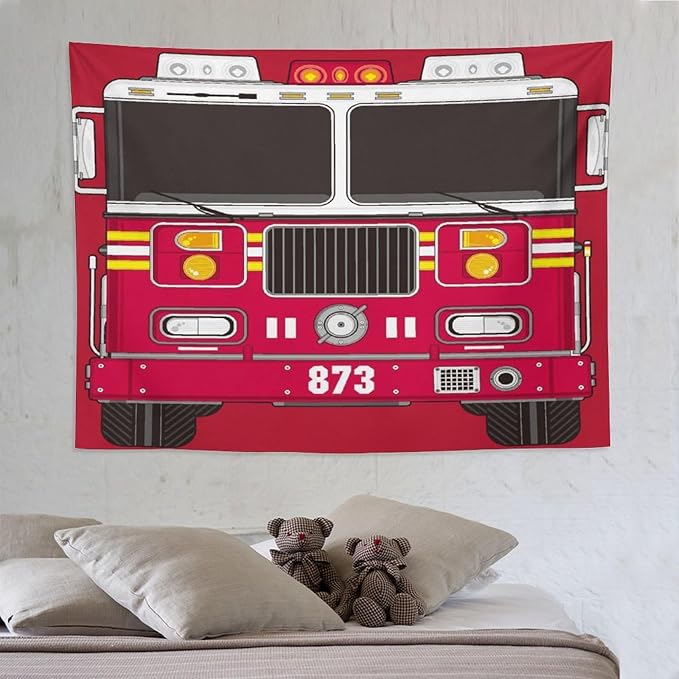 ZhiRain Cartoon Fire Truck Tapestry Wall Hanging Fire Engine Firemen Car Firefighter Truck Fire Fighting Tapestries Home Decor for Living Room Bedroom Apartment Farmhouse Dorm 60"x80"