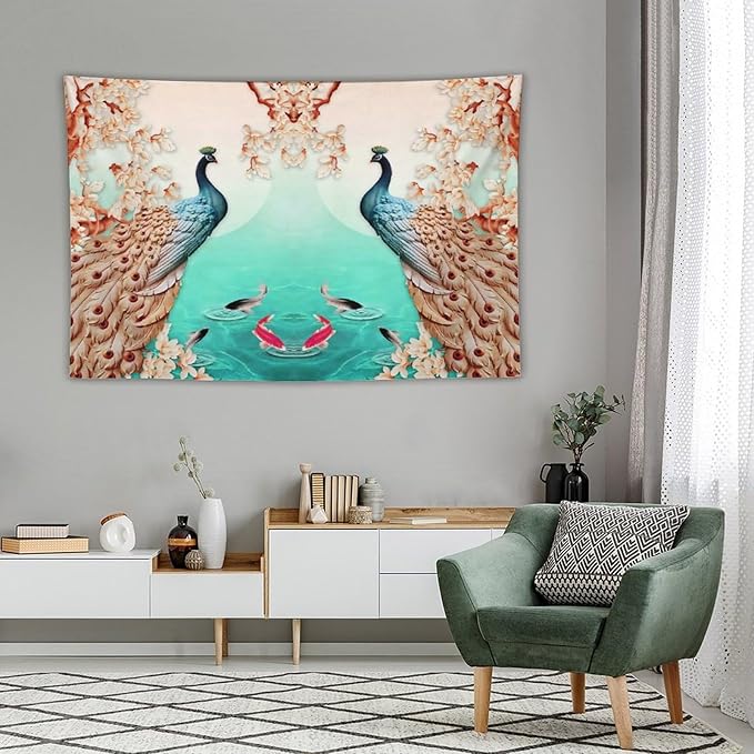 ZhiRain Peacock Tapestry Wall Hanging Retro Floral Elegant Vintage Feather Flower Theme Koi Fish Tapestries Home Decor for Living Room Bedroom Farmhouse Apartment Dorm 60"x90"
