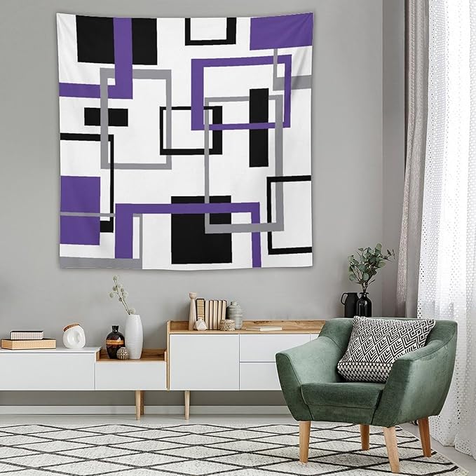 ZhiRain Purple Tapestry Wall Hanging Mid Century Modern Geometric Abstract Lavender Black Grey Square White Backdrop Tapestries Home Decor for Living Room Bedroom Apartment Farmhouse 60"x60"