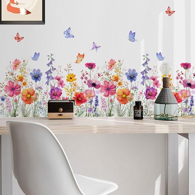 2 Pieces Flowers Wall Decals Vinyl Flowers Wall Stickers Removable Floral Murals Peel and Stick Colorful Flower Decor for Girls Bedroom Living Room Nursery (Bright)