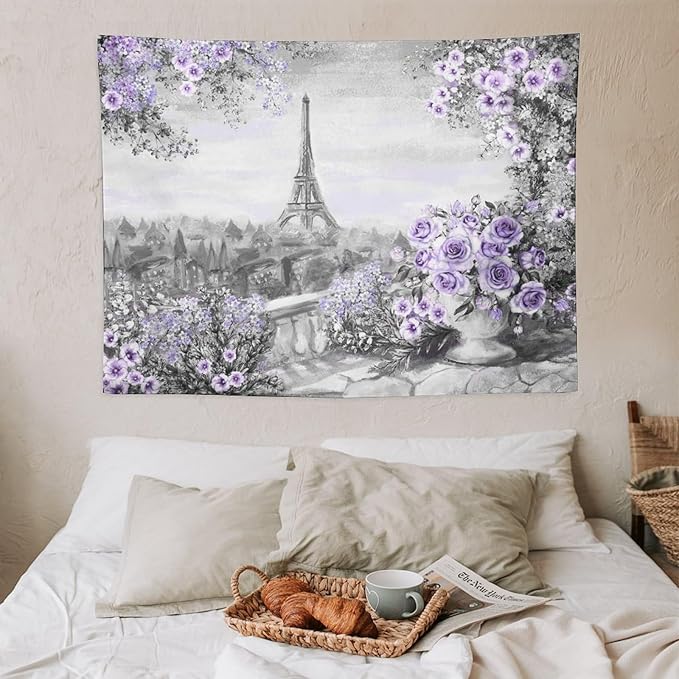 ZhiRain Vintage Paris Tapestry Wall Hanging Eiffel Tower Purple Rose Flower Spring Cityscape Gray Tapestries Home Decor for Living Room Bedroom Apartment Farmhouse Dorm 30"x40"