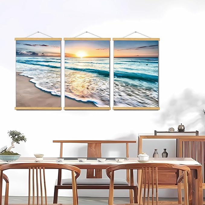 3pcs Beach Canvas Wall Art, Canvas Art with Frames, For Office Home Decor Bedroom Living Room Wall Decor. (Blue Beach, 29L x 20W, Framed)