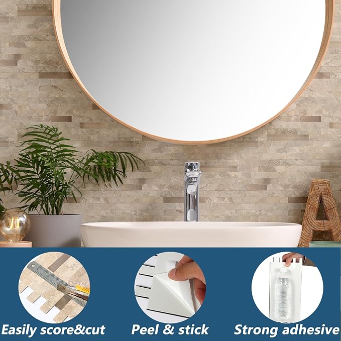 Yipscazo 40 Sheets Peel and Stick Stone Metal Backsplash, PVC Wall Tiles Stick on Tiles for Backsplash Kitchen, Bathroom, Fireplace (6'' X 12'', Beige Stone)
