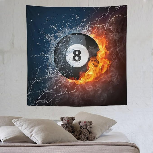ZhiRain Teen Billiards Tapestry Wall Hanging Abstract Fire Water Black Billiard Eight Ball Tapestries Home Decor for Living Room Bedroom Farmhouse Apartment Dorm 60"x60"