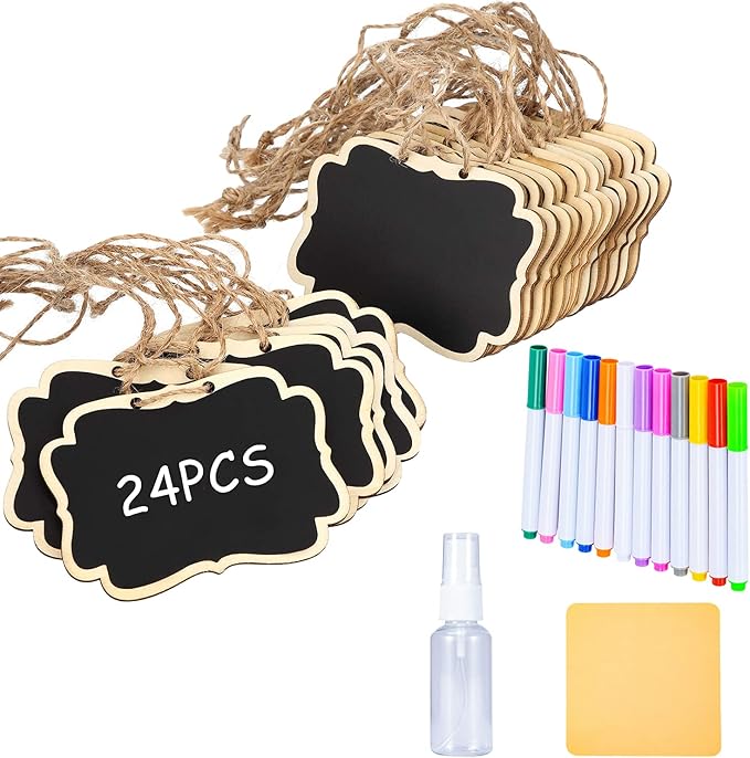 24 Pcs Reusable Mini Wood Chalkboards with Hanging String Erasable, Double-Sided Blackboard for Message Board Signs, Weddings Place Cards, Birthday Parties, Table Numbers, Plants