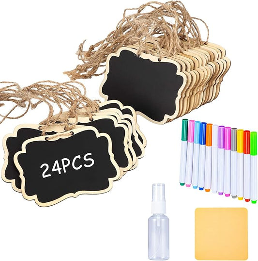 24 Pcs Reusable Mini Wood Chalkboards with Hanging String Erasable, Double-Sided Blackboard for Message Board Signs, Weddings Place Cards, Birthday Parties, Table Numbers, Plants