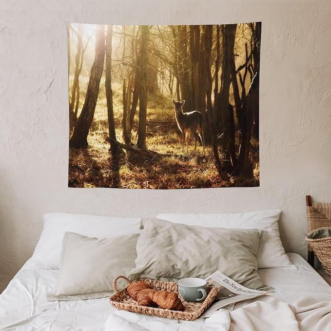 ZhiRain Forest Tapestry Wall Hanging Natural Forest And Deer at Sunset Pattern Tapestries Home Decor for Living Room Bedroom Apartment Farmhouse Dorm 50"x60"