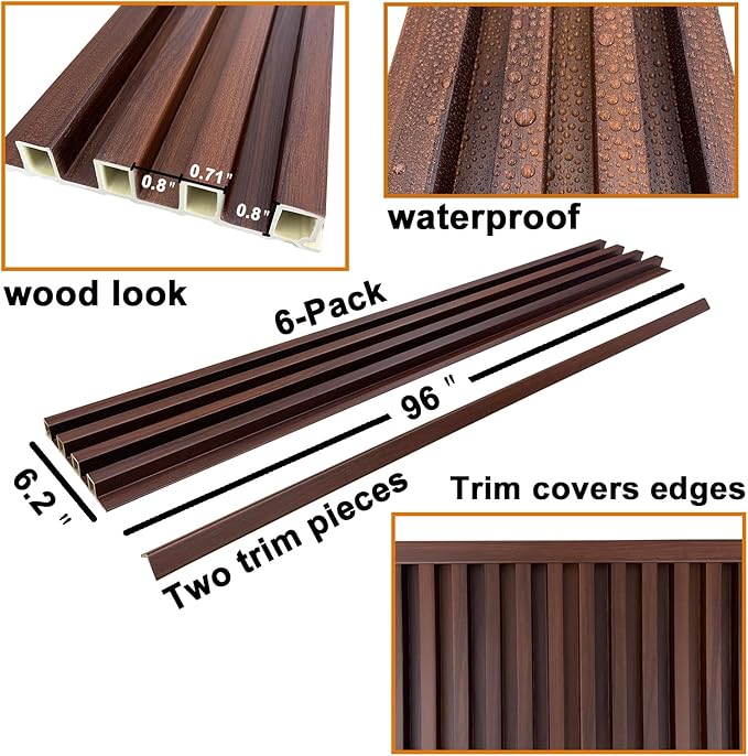 YLL YLL 6-Pack Slat Wall Panel with 2 Trims Wood Grain Slat Wall 96" x 6.2" WPC Slats 3D Wall Panels Walnut Grille