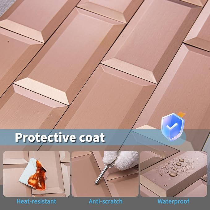 Art3d 100 Pcs Peel and Stick Backsplash Tiles, 3D Textured Metal Stick On Subway Wall Tiles for Kitchen Back Splashes, Bathroom, Laundry Room, 3 x 6 Inch, Copper