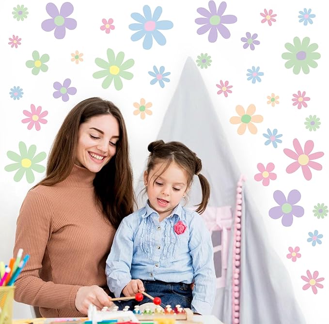 12 Sheets Daisy Wall Decals Boho Flower Wall Stickers Cute Kids Girls Room Decor Peel and Stick Floral Decals Toddler Nursery Playroom Living Room Bedroom Classroom Retro Hippie Decor Pastel Style