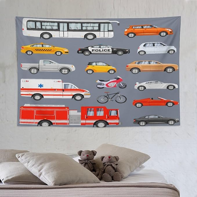 ZhiRain Transportation Tapestry Wall Hanging Various Vehicles Cartoon Cars Bus Police Car, Ambulance Tapestries Home Decor for Living Room Bedroom Apartment Farmhouse Dorm 60"x90"