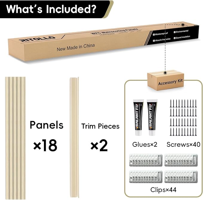 18Pack WPC Wainscoting Panels, 48.2 x 6.2 Inches 3D Accent Wall Panels for Interior Wall Decor, Fluted Wood Paneling for Living Room, TV Background, Office, Bedroom(Oak)