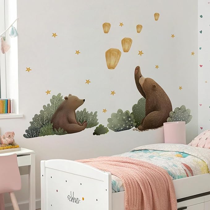 Animal Bear Moon Stars Wall Decal,Removable Cute Animal Bear Wall Sticker for Nursery Kid Baby Bedroom Living Room Playing Room Murals