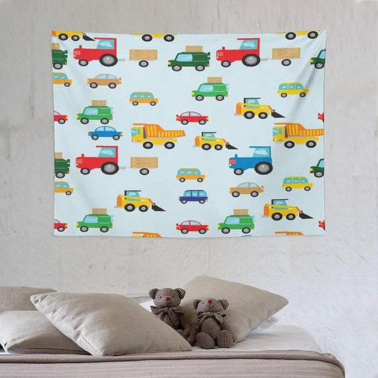 ZhiRain Cartoon Cars Print Tapestry Wall Hanging for Kids Room Cartoon Shovel And Trucks Blue Tapestries Home Decor for Living Room Bedroom Apartment Farmhouse Dorm 30"x40"