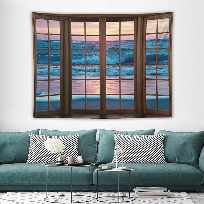 ZhiRain Landscape Tapestry Wall Hanging Beach Sand Ocean Waves Seaside Brown Window View Tapestries Home Decor for Living Room Bedroom Apartment Farmhouse Dorm 60"x80"