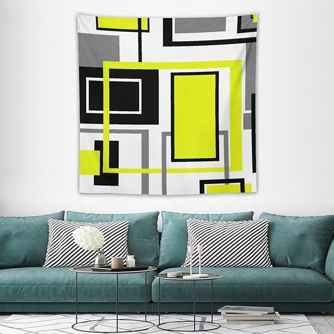 ZhiRain Yellow Geometric Tapestry Wall Hanging Yellow Modern Black And Gray Tapestries Home Decor for Living Room Bedroom Farmhouse Apartment Dorm 60"x60"