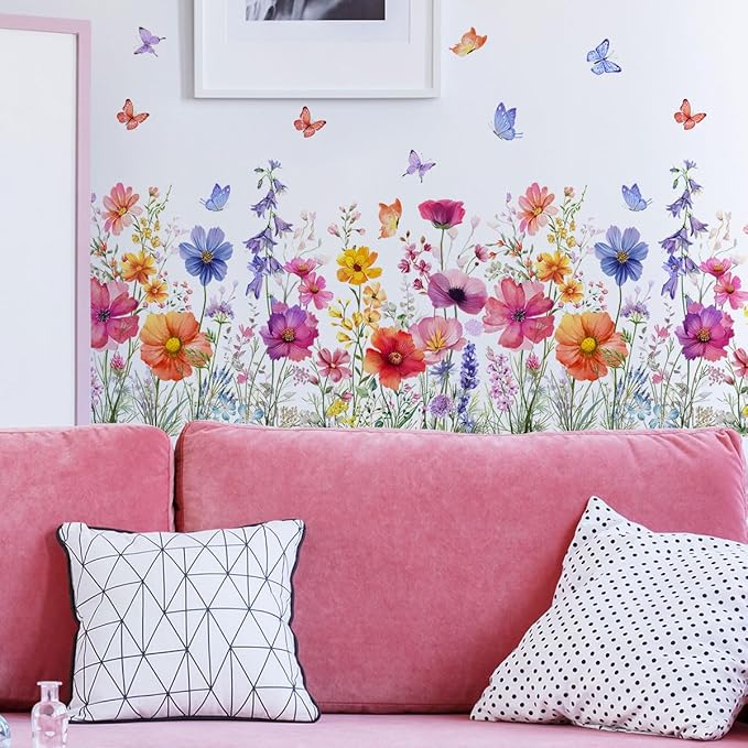 2 Pieces Flowers Wall Decals Vinyl Flowers Wall Stickers Removable Floral Murals Peel and Stick Colorful Flower Decor for Girls Bedroom Living Room Nursery (Bright)