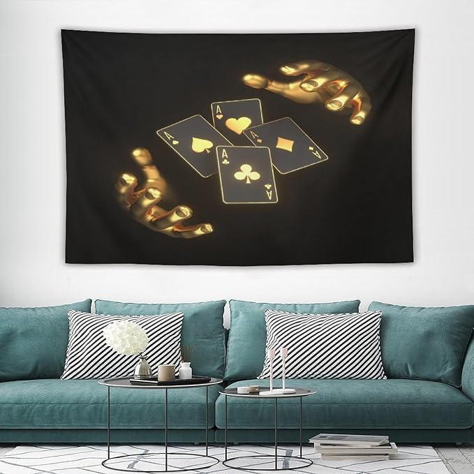 ZhiRain Poker Theme Tapestry Wall Hanging Modern Black Gold Playing Cards Art Printed Tapestries Home Decor for Living Room Bedroom Farmhouse Apartment Dorm 40"x60"