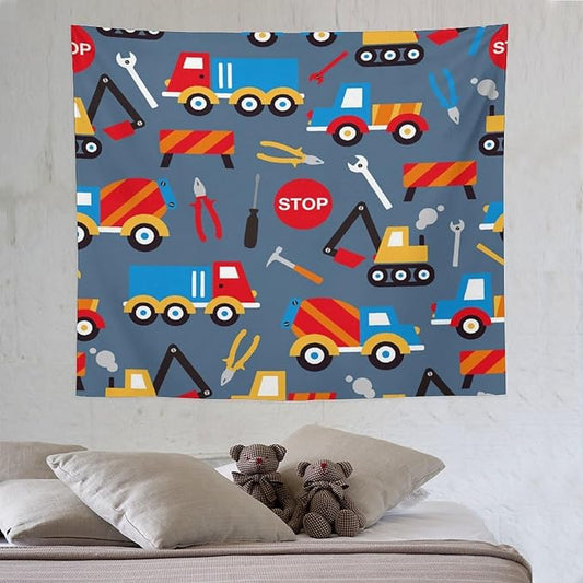 ZhiRain Cartoon Bulldozer Truck Tapestry Wall Hanging for Kids Bedroom, Cartoon Tractor Tapestries Home Decor for Living Room Bedroom Apartment Farmhouse Dorm 50"x60"