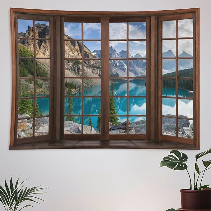 ZhiRain Mountain Landscape Tapestry Wall Hanging Nature Scenery Lake Pine Tree Forest Blue Sky Through Brown Window Tapestries Home Decor for Living Room Bedroom Apartment Farmhouse 60"x80"