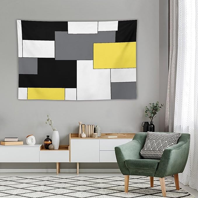 ZhiRain Black,Grey,Yellow,White Tapestry Wall Hanging Geometry Pattern Digital Print Multicolor Tapestries Home Decor for Living Room Bedroom Farmhouse Apartment Dorm 60"x90"