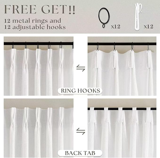 90 Inches Long Linen Curtains 60 Inch Width Pinch Pleated 90 Inch Length for Living Room Bedroom Ivory Off White Semi Sheer Back Tab Hooks Rings Pinch Pleat Curtains for Patio Glass Door 1 Panel