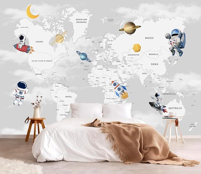 YQWDMX - Grey map Peel and Stick Wallpaper Cartoon Planet Kids Wall Mural for Nursery ZY04 M