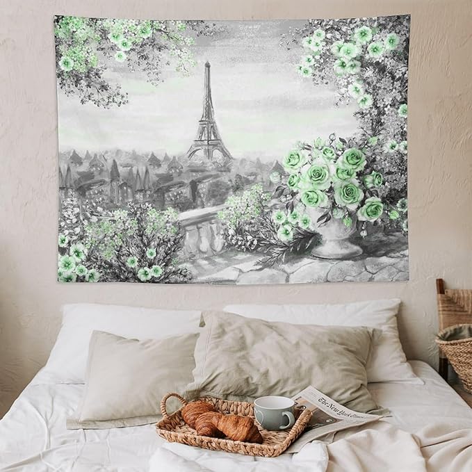 ZhiRain Vintage Paris Tapestry Wall Hanging Eiffel Tower Green Rose Flower Spring Cityscape Gray Tapestries Home Decor for Living Room Bedroom Apartment Farmhouse Dorm 60"x80"