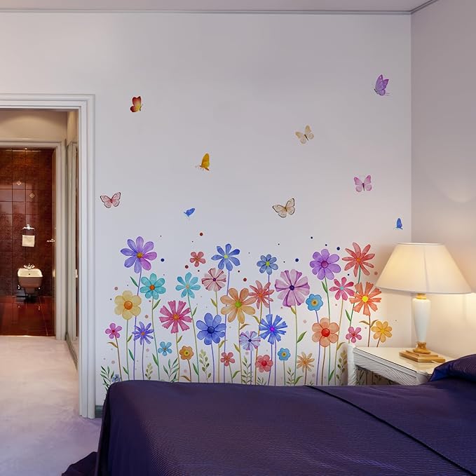 3 Pieces Colorful Flowers Wall Decals Vinyl Colorful Flowers Wall Stickers Removable Floral Art Murals Peel and Stick Colorful Decor for Girls Bedroom Living Room Nursery