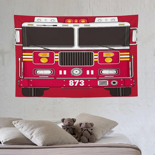 ZhiRain Cartoon Fire Truck Tapestry Wall Hanging Fire Engine Firemen Car Firefighter Truck Fire Fighting Tapestries Home Decor for Living Room Bedroom Apartment Farmhouse Dorm 40"x60"