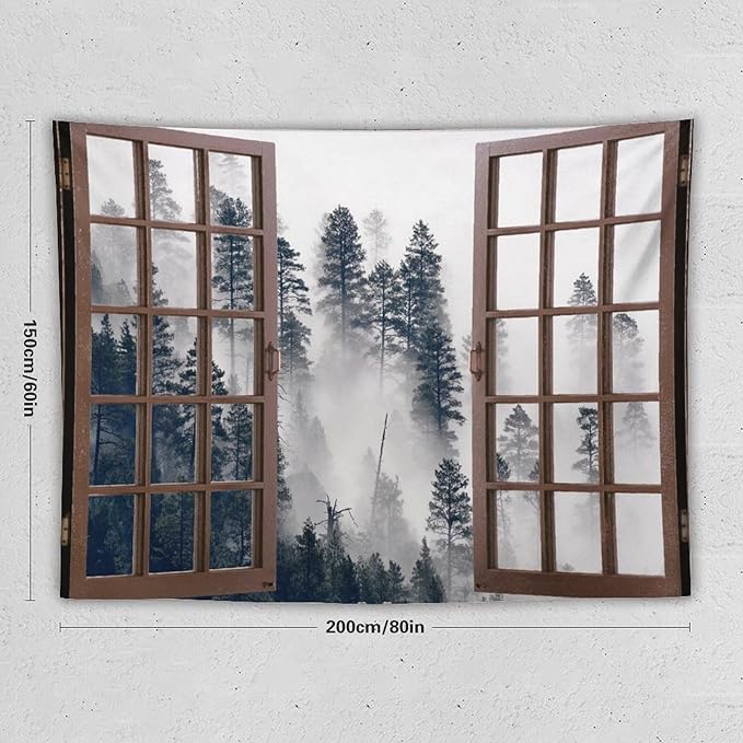 ZhiRain Misty Forest Landscape Tapestry Wall Hanging Wooden Window Forest Mountain Tree Scenery Tapestries Home Decor for Living Room Bedroom Apartment Farmhouse Dorm 60"x80"