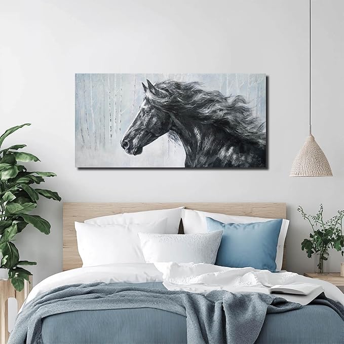 ZHENGYIN Black and White Horse Canvas Wall Art, Equine Portrait Artwork in Neutral Gray Birch Forest Scene, Rustic Farmhouse Animal Wall Decor for Living Room Bedroom Entryway, 20×40 Inch