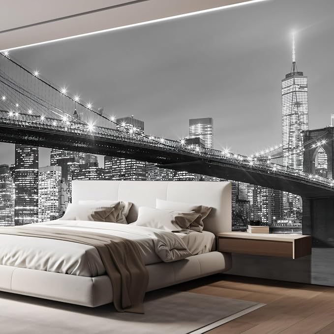 wall26 Brooklyn Bridge and New York City Manhattan Downtown Skyline at Dusk with Skyscrapers Removable Wall Mural Self-Adhesive Large Wallpaper - 96x144 inches