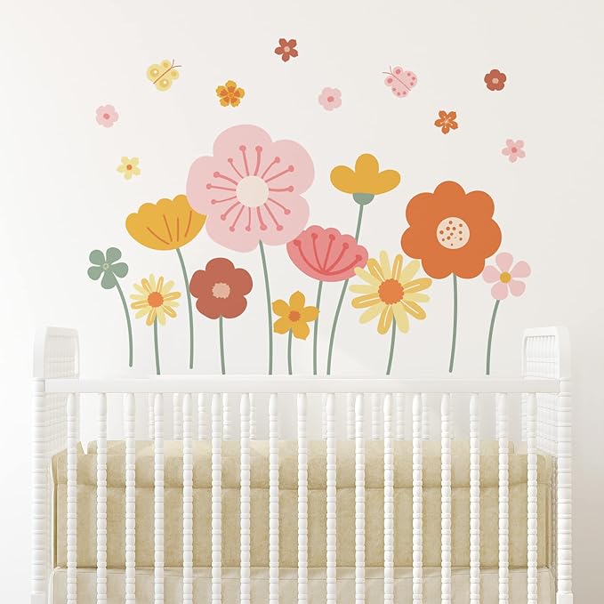 Zonon 6 Pcs Flowers Wall Decals Stickers Vinyl Removable Peel and Stick Colorful Dragonflies Floral Wall Murals Decor for Bedroom Living Room Nursery(Cute)