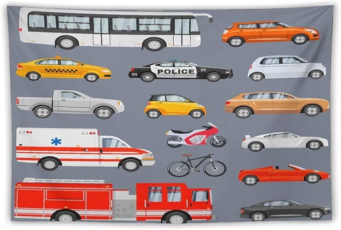 ZhiRain Transportation Tapestry Wall Hanging Various Vehicles Cartoon Cars Bus Police Car, Ambulance Tapestries Home Decor for Living Room Bedroom Apartment Farmhouse Dorm 40"x60"
