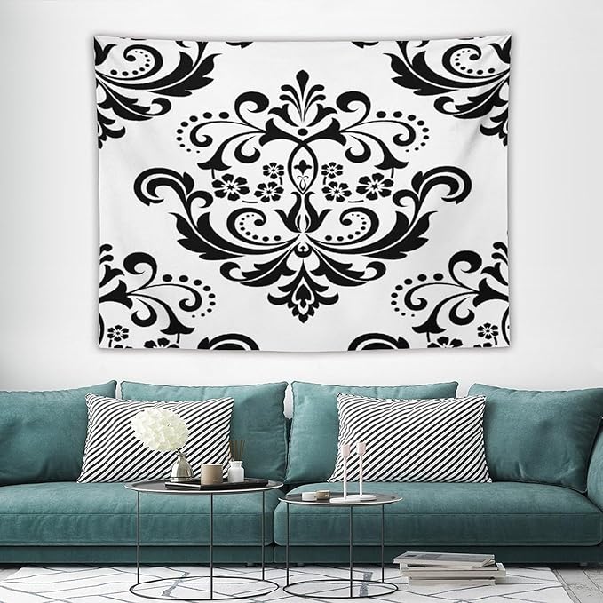 ZhiRain Baroque Damask Floral Pattern Tapestry Wall Hanging Flowers on Black And White Antique Gothic Tapestries Home Decor for Living Room Bedroom Farmhouse Apartment Dorm 60"x80"