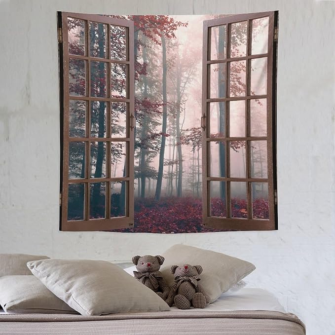ZhiRain Nature Forest Tapestry Wall Hanging Autumn Mystic Foggy Fall Enchanted Woods Wild Trees Print Tapestries Home Decor for Living Room Bedroom Apartment Farmhouse Dorm 60"x60"