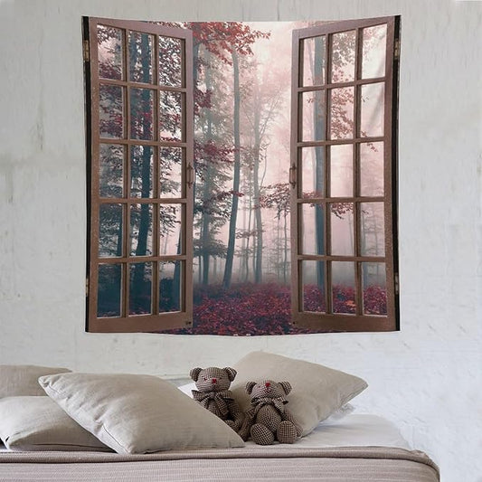 ZhiRain Nature Forest Tapestry Wall Hanging Autumn Mystic Foggy Fall Enchanted Woods Wild Trees Print Tapestries Home Decor for Living Room Bedroom Apartment Farmhouse Dorm 60"x60"