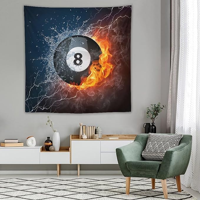 ZhiRain Teen Billiards Tapestry Wall Hanging Abstract Fire Water Black Billiard Eight Ball Tapestries Home Decor for Living Room Bedroom Farmhouse Apartment Dorm 60"x60"