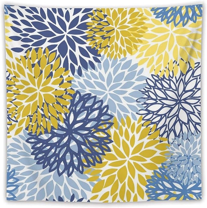 ZhiRain Blue Yellow Floral Tapestry Wall Hanging Boho Dahlia Chrisanthemum Flowers Pattern Tapestries Home Decor for Living Room Bedroom Farmhouse Apartment Dorm 60"x60"