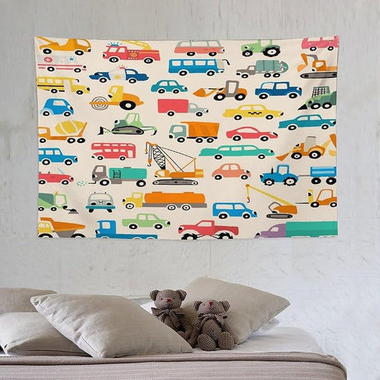 ZhiRain Cartoon Cars Print Tapestry Wall Hanging Cartoon Shovel And Trucks Tapestries Home Decor for Living Room Bedroom Apartment Farmhouse Dorm 40"x60"