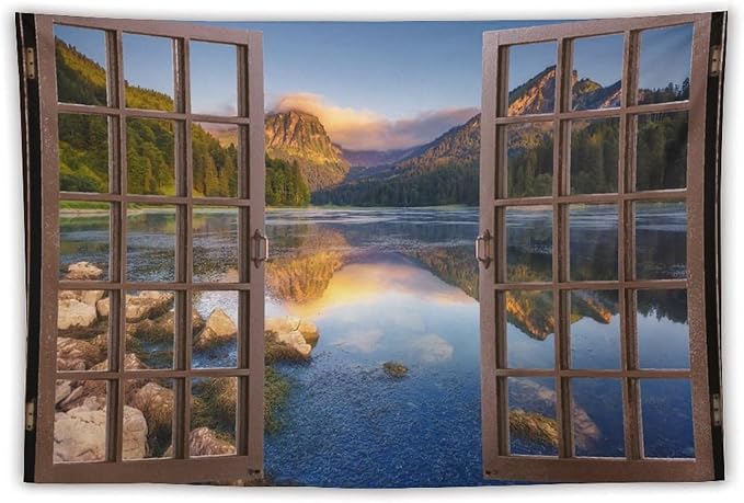 ZhiRain Mountain Scenery Tapestry Wall Hanging Wooden Window View Beautiful Lake Landscape Tapestries Home Decor for Living Room Bedroom Apartment Farmhouse Dorm 60"x90"