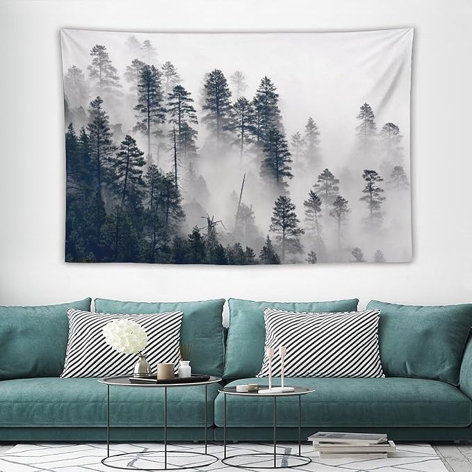ZhiRain Misty Forest Landscape Tapestry Wall Hanging Wooden Window Forest Mountain Rustic Tapestries Home Decor for Living Room Bedroom Apartment Farmhouse Dorm 60"x90"