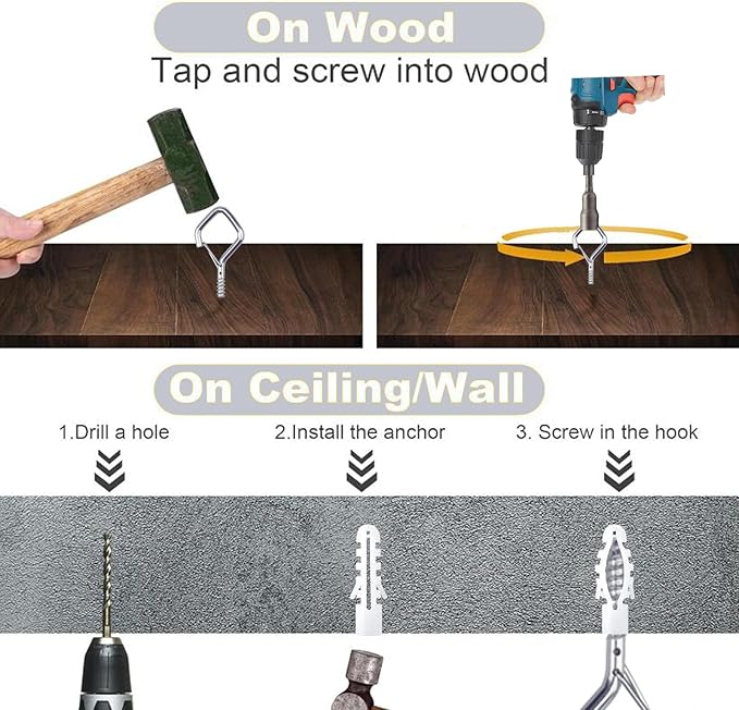 10 PCS Eye Screw Hooks for Hanging Heavy Duty with Safety Buckle.Metal Ceiling Hooks for Hanging Plants,Cup,Wind Chime,Bird Feeders,christmas String Lights at Indoor&Outdoor,2.36 Inch(No Drill Bit)