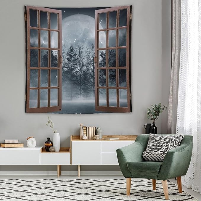 ZhiRain Misty Landscape Tapestry Wall Hanging Dark Black Nature Moon Gothic Tree Scenery Foggy Woodland Tapestries Home Decor for Living Room Bedroom Apartment Farmhouse Dorm 60"x60"