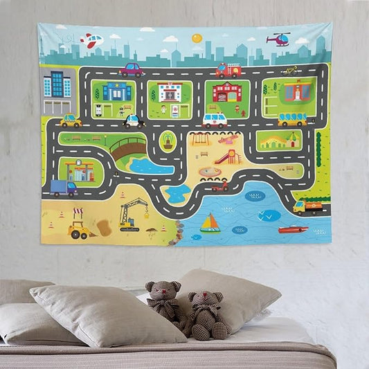 ZhiRain Kid Truck Tapestry Wall Hanging for Boys Construction Car Tractor Cartoon Cute City Street Map Traffic Tapestries Home Decor for Living Room Bedroom Apartment Farmhouse Dorm 60"x80"
