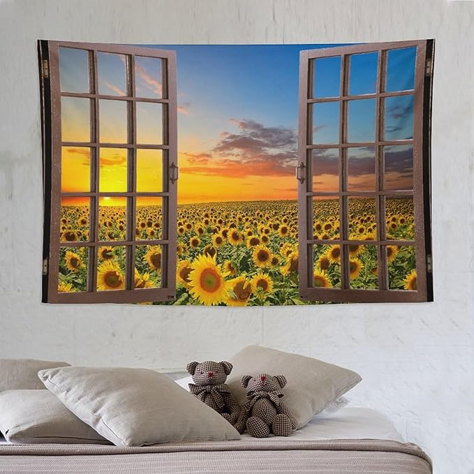 ZhiRain Sunflowers Scenery Tapestry Wall Hanging Through The Window Fields Sunset Landscape Tapestries Home Decor for Living Room Bedroom Apartment Farmhouse Dorm 60"x90"