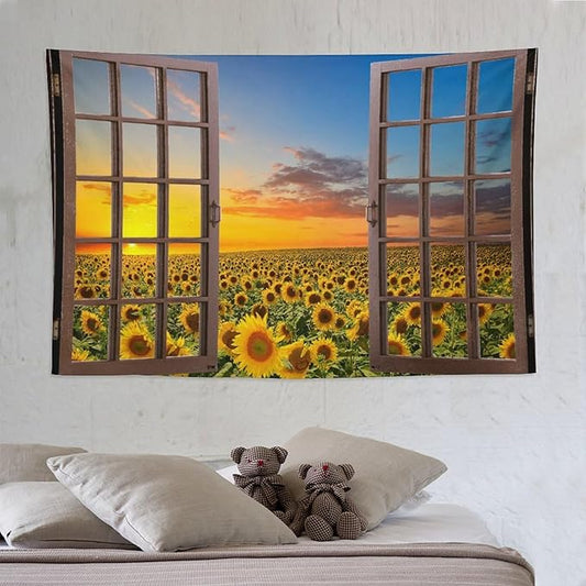 ZhiRain Sunflowers Scenery Tapestry Wall Hanging Through The Window Fields Sunset Landscape Tapestries Home Decor for Living Room Bedroom Apartment Farmhouse Dorm 60"x90"