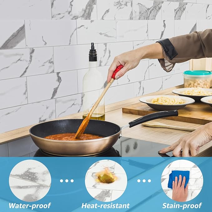 Art3d 102-Piece Faux Stone Peel and Stick Backsplash Tile, Waterproof Thick PVC Stick On Subway Wall Tile for Kitchen Bathroom Laundry Room Fireplace - 3" x 6" Gray Marble