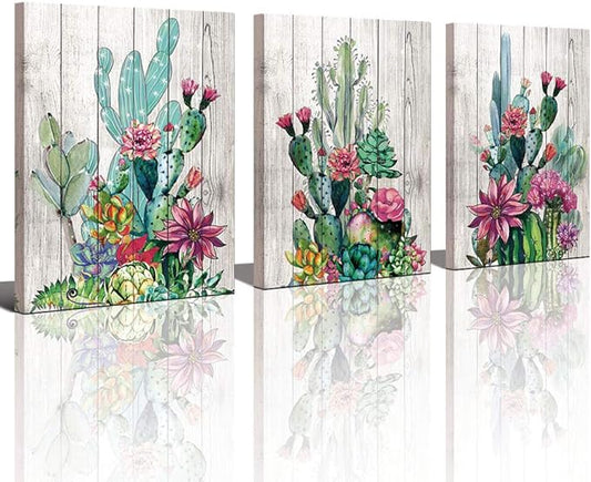 3 Piece Framed Wall Art Watercolor Tropical Plant Desert Cactus Canvas Print for Bedroom Bathroom Spiny Flower Artwork Home Office Wall Decoration 12x16 3 panels Decor